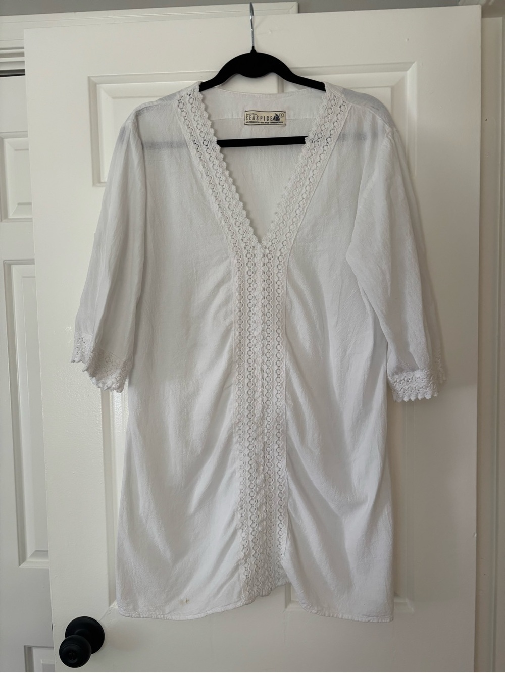 Seaspice White Crochet Trim Beach Cover Up Dress 100% Peruvian Cotton Size Large - Picture 2 of 8